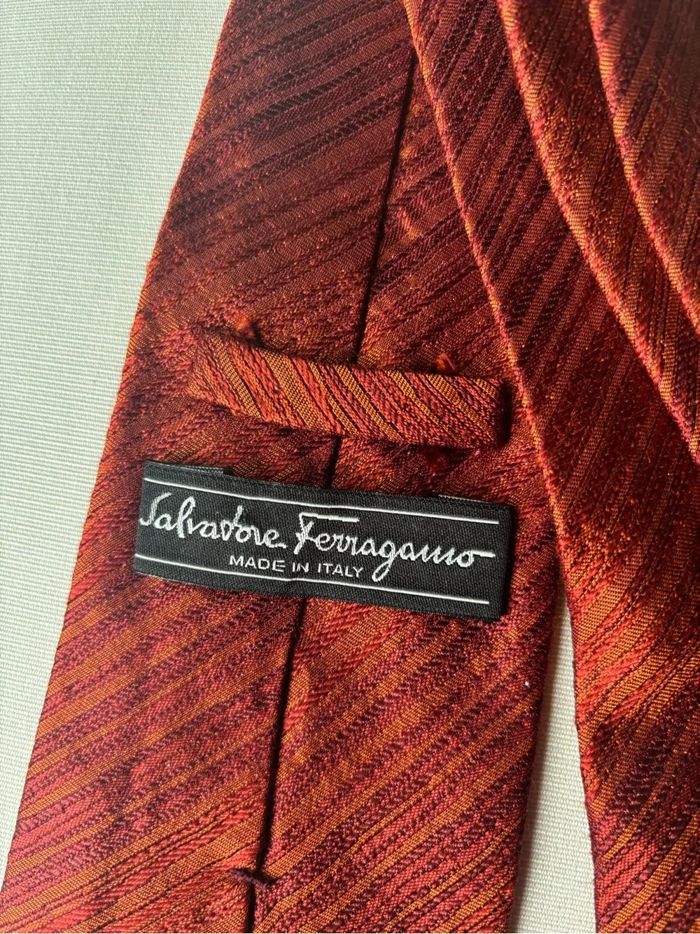 Salvatore Ferragamo Men's Red and Orange Striped Silk Tie - Classic Formal